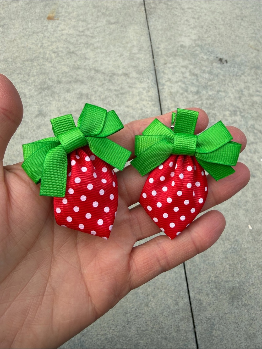 Red Polka Dot Strawberry Bow Hair Clips for Kids - Green Ribbon Accent